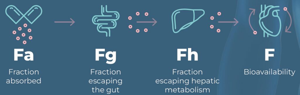 Infographic explaining oral bioavailability prediction and how Fa, Fg, and Fh combine to determine systemic exposure